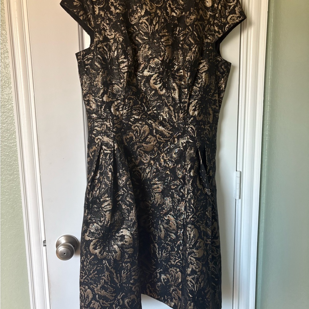 Sandra Darren Black and Gold Asymmetrical Sheath Dress